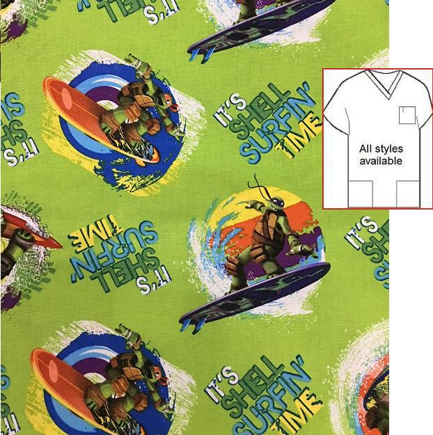ninja turtle shell surfin cartoon print scrubs pediatric