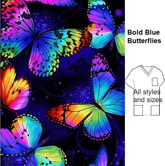 bold blue butterflies scrub tops