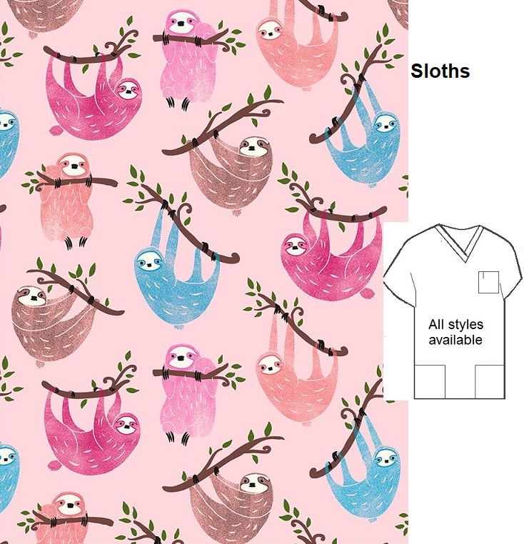 sloth animal print scrub tops