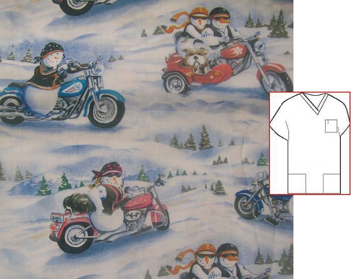 Biker snowmen seasonal print scrubs