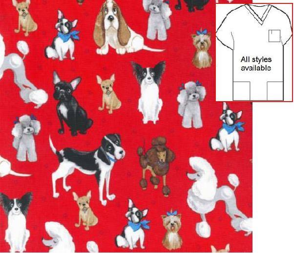 VET192KAUF - Whiskers N Tails Dog Print Scrubs On Red