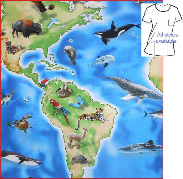 AO102214 - World Atlas Sea life Animal Print Scrub Tops