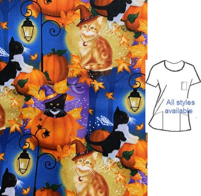 H81419945 - Felines Of Fall halloween print scrub tops