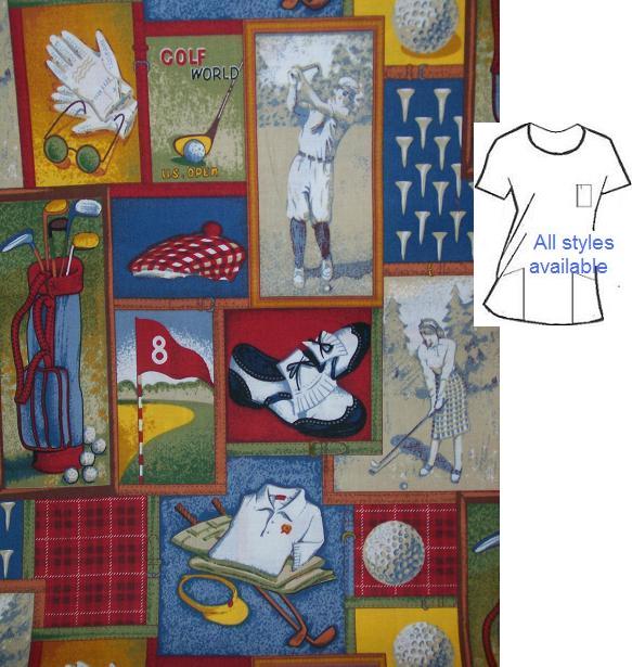 Nostalgic golf sports print scrub tops