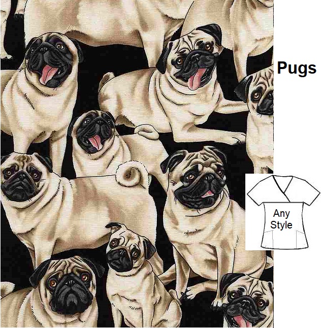pugs veterinary dog print scrub tops