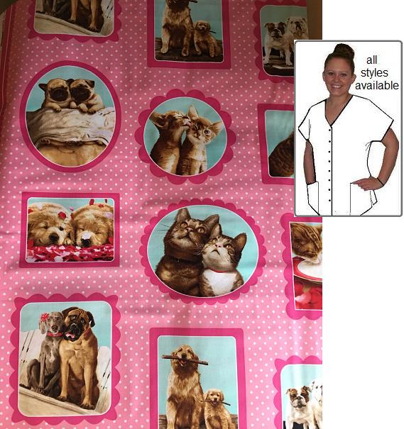 companionship on Pink - scrub tops with dogs and cats