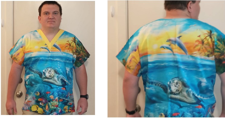 man showing front and back of a scrub top with a sea turtle
