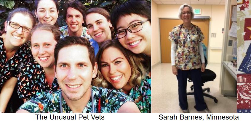 Australian vet techs and veterinarians wearing printed scrub tops outside taking selfie