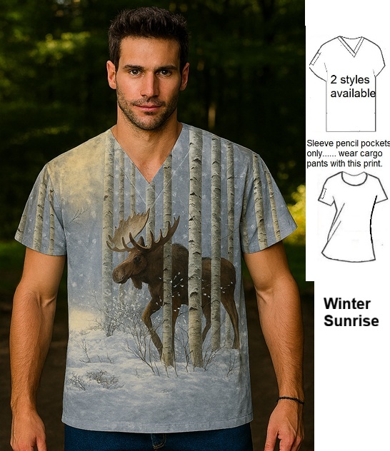 ANAW72621 - Winter Sunrise animal print scrub tops moose