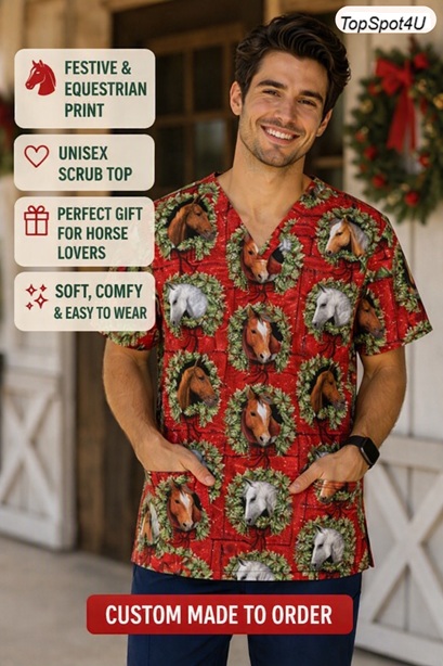 ACHOL5559 - Horse In Holiday Flair - Veterinary Christmas print scrubs