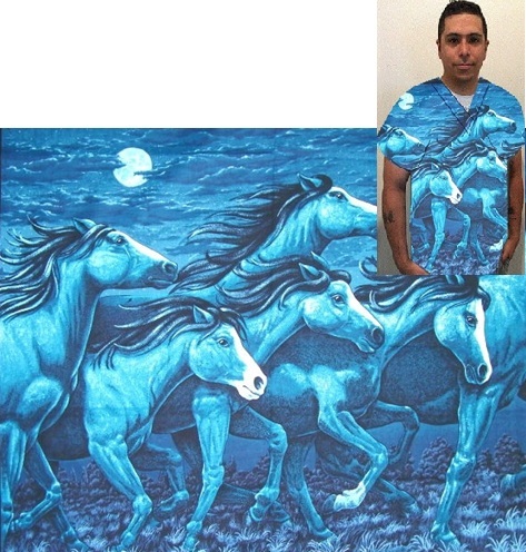 AH5125 - Thunder Ridge Blue horse print scrub tops