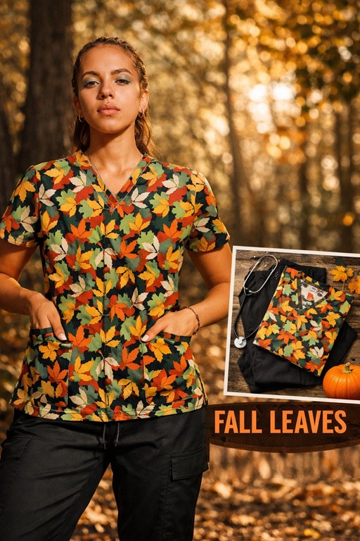 October Morning fall leaves scrub top