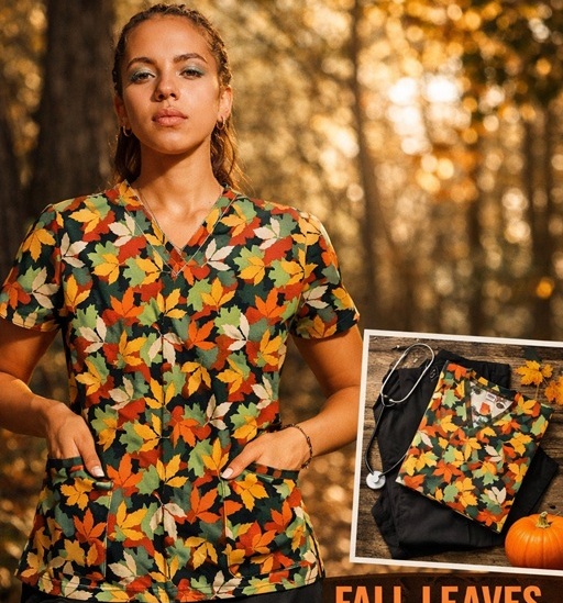H71520 - OCTOBER MORNING Fall Leaves scrub tops