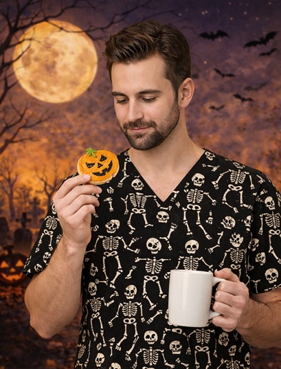 H83121 - SKELETONS HANGIN Halloween print scrubs