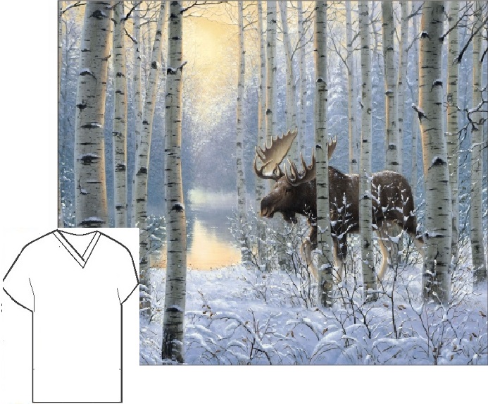 ANAW72621 - Winter Sunrise animal print scrub tops moose