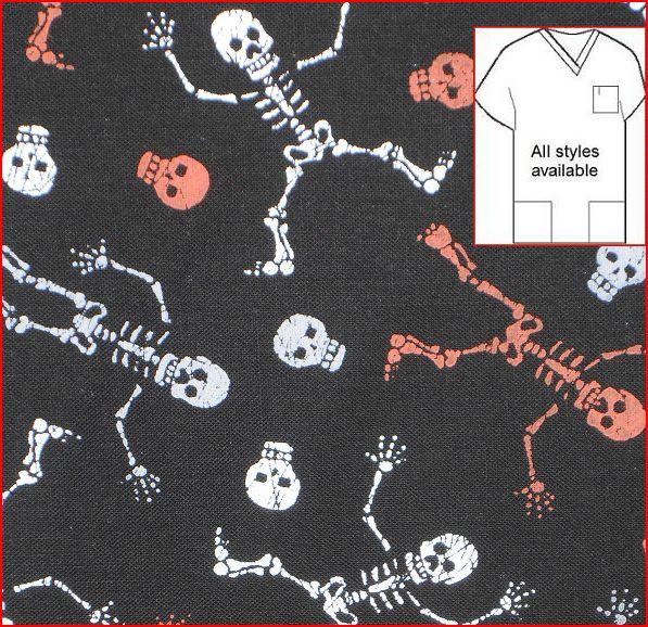 skeletons on my skull print scrub top