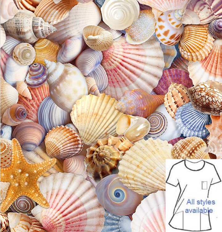T13022AB - Shells And Starfish tropical print scrub tops