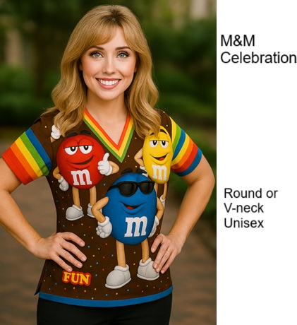 m&m celebration scrub tops