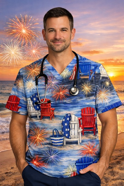 red, white & beach patriotic print scrub top