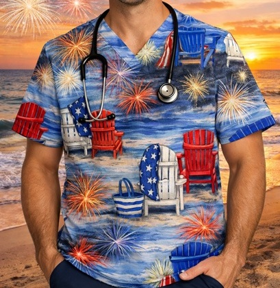 PAT4922 - RED, WHITE & BEACH patriotic print scrubs