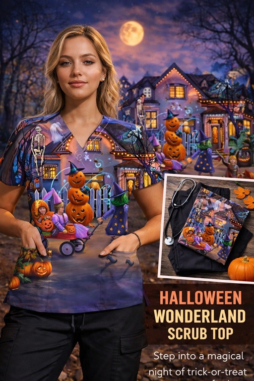Halloween Party print scrub top