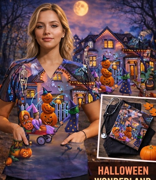 HA9124 - HALLOWEEN PARTY print scrub tops