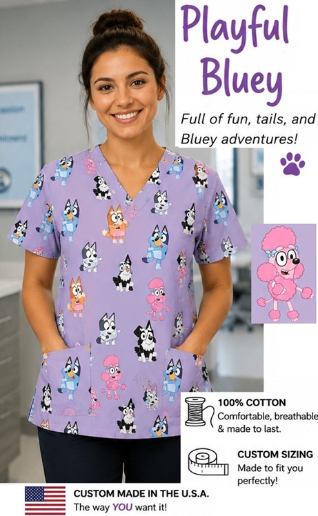 Playful Bluey cartoon scrub tops