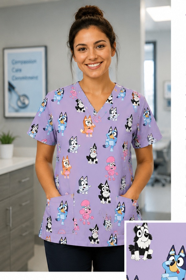 CART81626 - PLAYFUL BLUEY cartoon print scrub tops