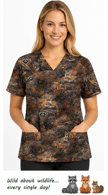 Woodland Friends animal print scrub top