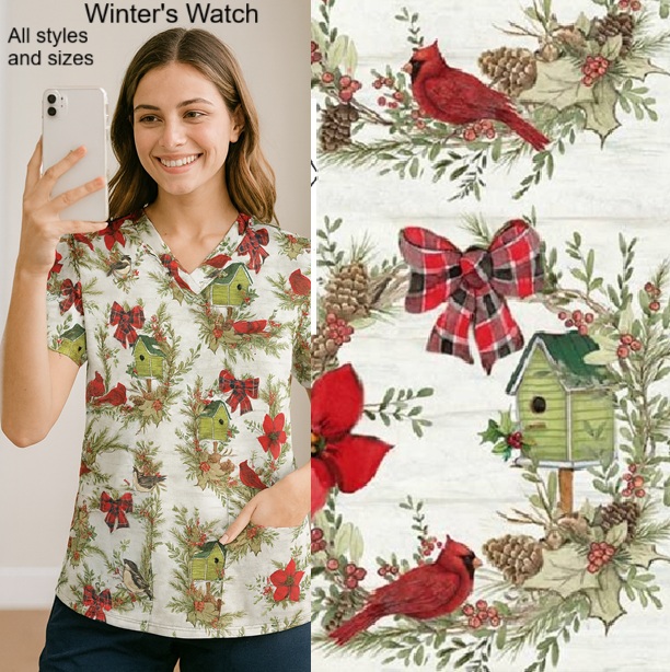 Winter's Watch holiday Christmas scrub tops