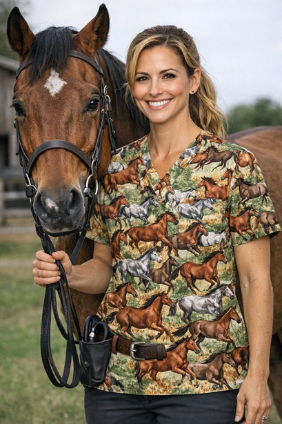 Gallop & Grace Horse Print Scrub Top
