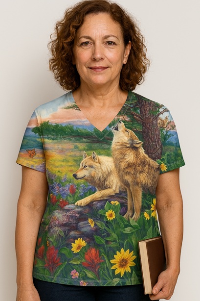 wolves in spring animal print scrub tops