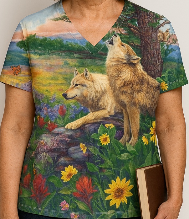 AW123017DTEX - Wolves In Spring - Wolf Animal Print Scrubs