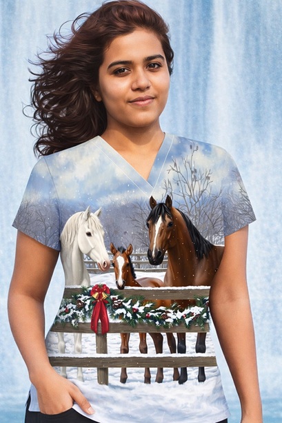 horse family portrait holiday print scrub top