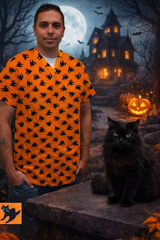 scaredy cats halloween print scrub tops