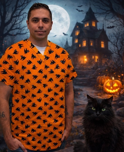 HAL81214 - SCAREDY CATS - Halloween print scrubs