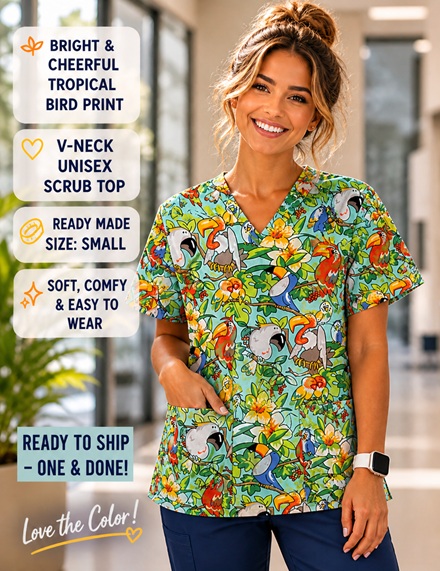 zany birds parrot print scrub top