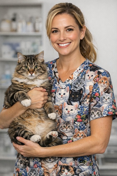 Wall to Wall Whiskers veterinary cat print scrubs