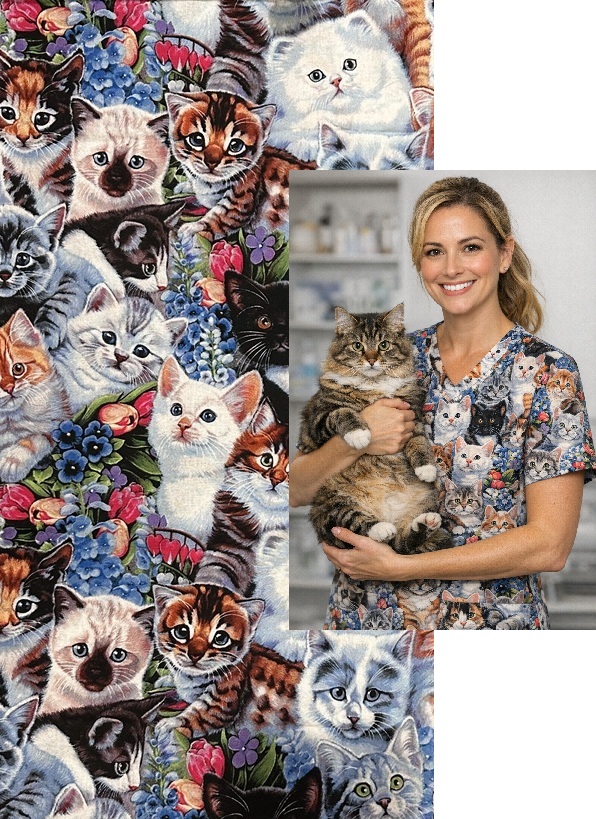 VET31326 - WALL-TO-WALL WHISKERS veterinary scrubs with cats