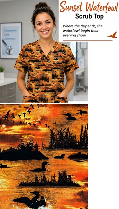 sunset waterfowl scrub top