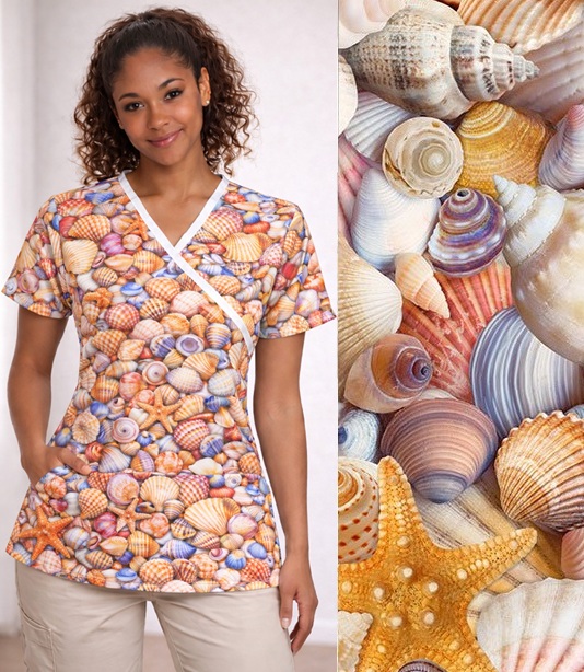 T13022AB - Shells And Starfish tropical print scrub tops