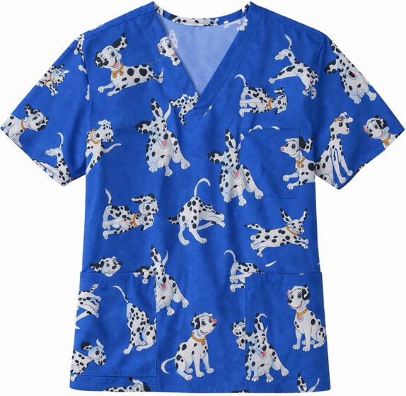 RM8043216XS - DALMATIAN TOSS Blue V-neck vet print scrubs