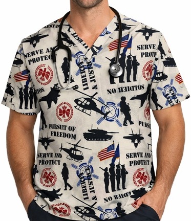 PAT73019 - SERVE AND PROTECT patriotic print scrubs