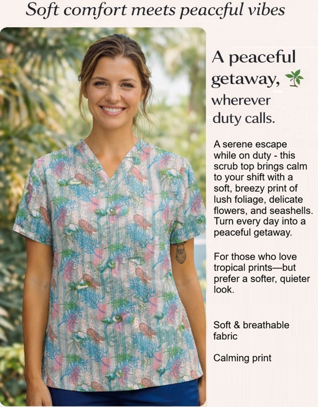 tropical print scrub tops