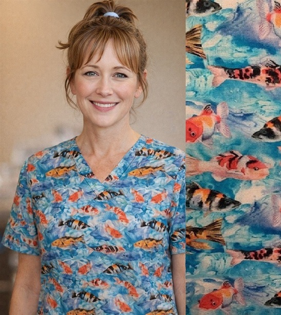 AO41426 - KOI POND SPLASH unique print scrub tops