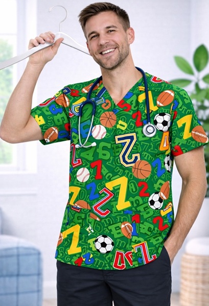 S71814 - GAME DAY NUMBERS  sports print scrub tops