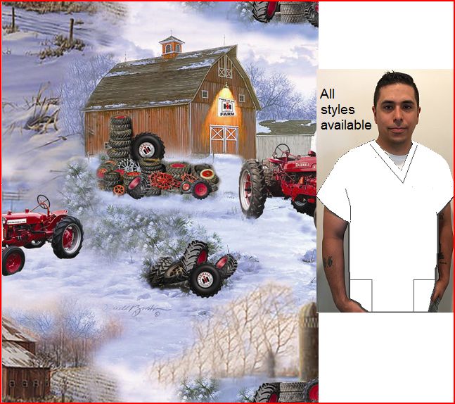 Farmall tire barn print scrubs for men