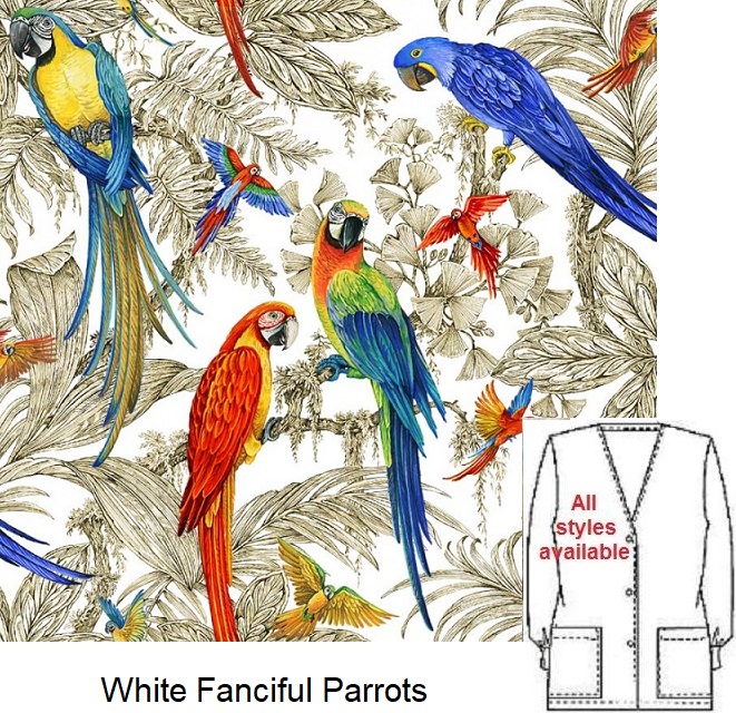 white fanciful parrots scrub tops