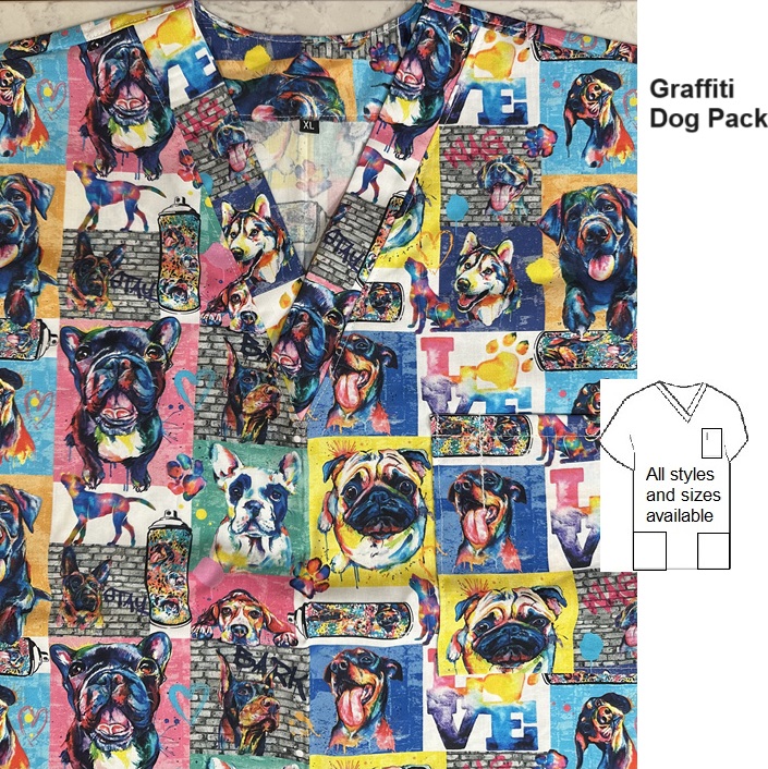 graffiti dog pack scrub tops