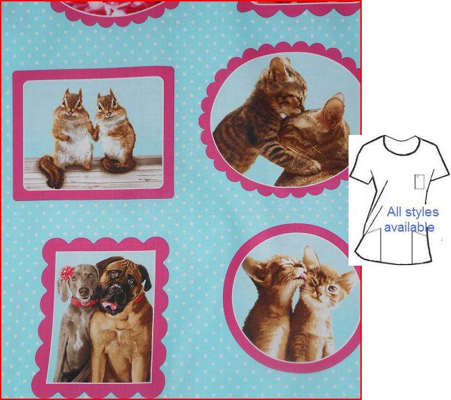 Companionship on blue scrub tops with dogs cats veterinary